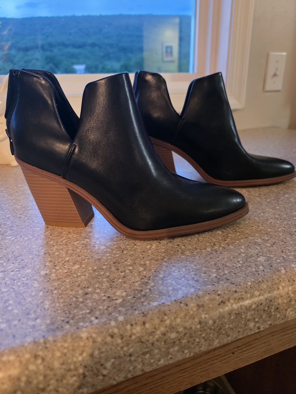 Women's Black Leather Cutout Ankle Booties with Stacked Tan Heel